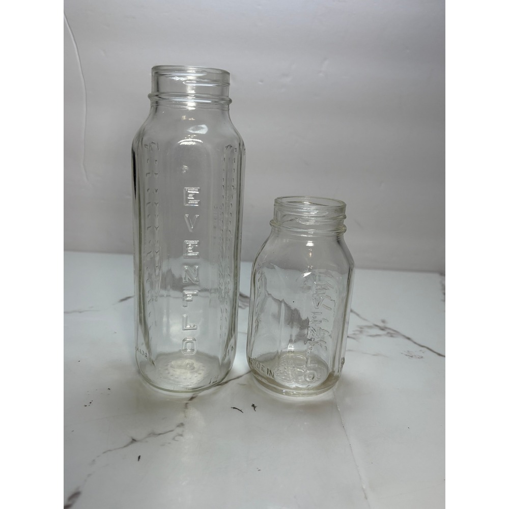 Vintage Evenflo Glass Baby Bottles Set of 2‎ 8oz and 4oz Clear Hexagonal USA